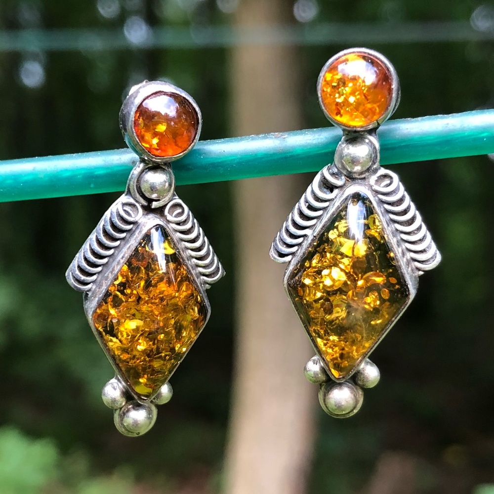 Vintage Sterling Navajo Amber Earrings